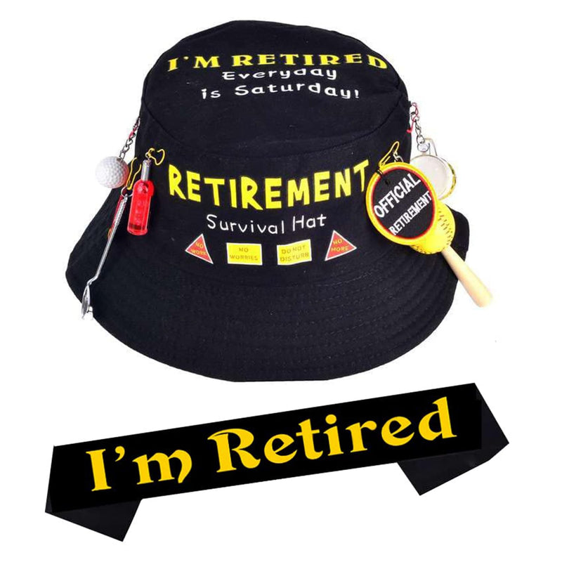 Retirement party survival hat, officially retired sash and hat black, retirement