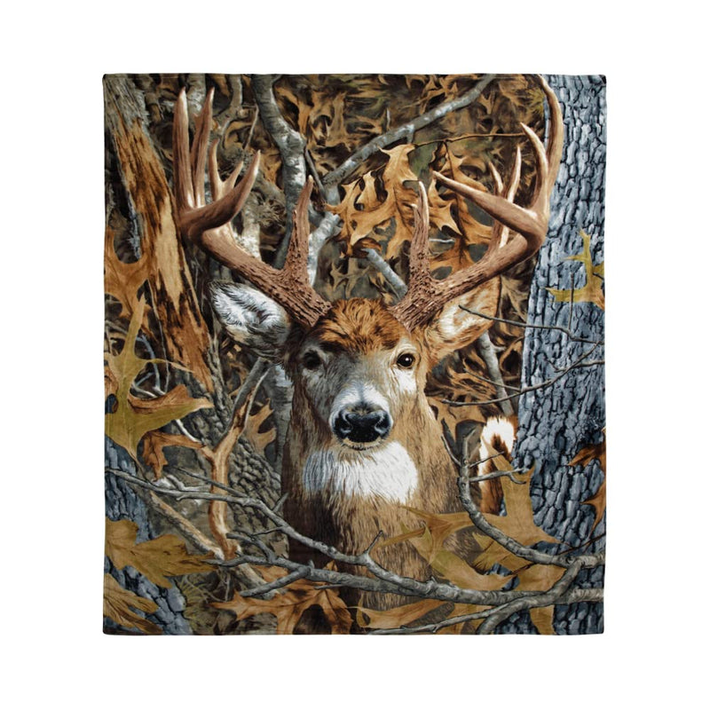 Camo Buck Deer Fleece Bed Blanket 75" x 90" Queen Size Woodland Fleece