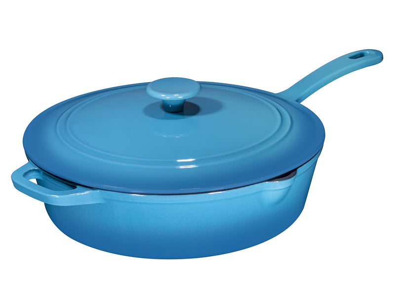 5 qt turquoise enameled cast iron pans with lid and handle, non-stick coating