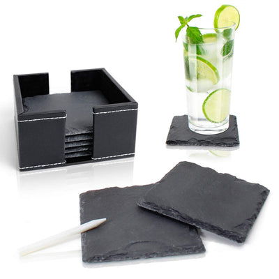 Slate coaster set (8 pieces) including chalk pen. Decorative glass coasters