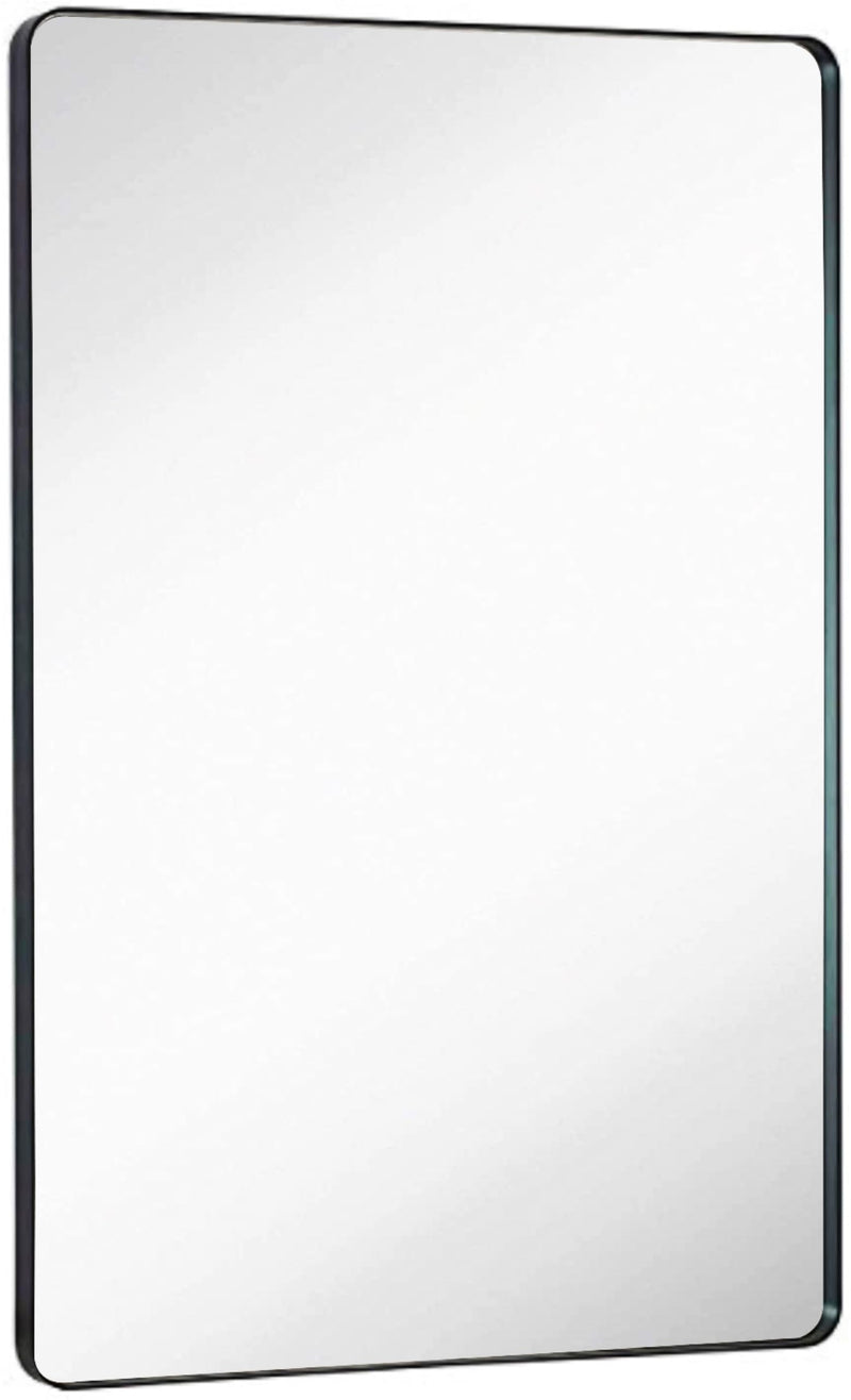 24"X36" Black Frame Metal Brushed Rectangular Rounded Bathroom Mirror