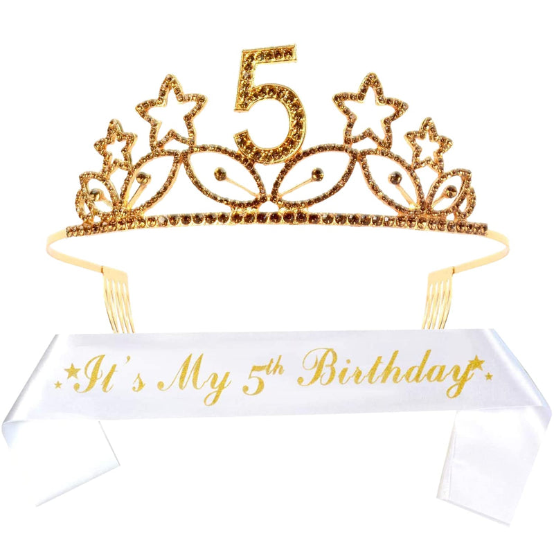 Girls 5th Birthday Sash and Tiara Set - Glitter Sash + Gold Star Tiara