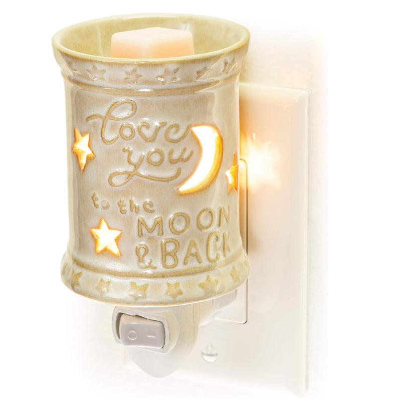 Wall-mounted wax warmer for ceramic “Love You To The Moon” scented wax.