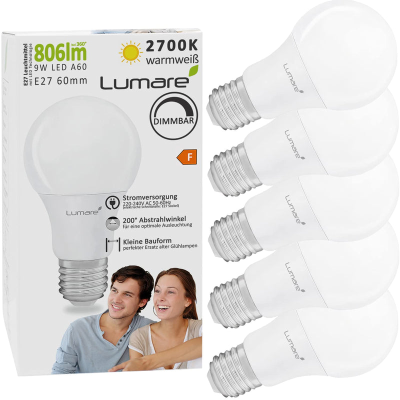 E27 LED lamp 9w replaces 60w dimmable set of 5 light bulbs with 806lm 2700