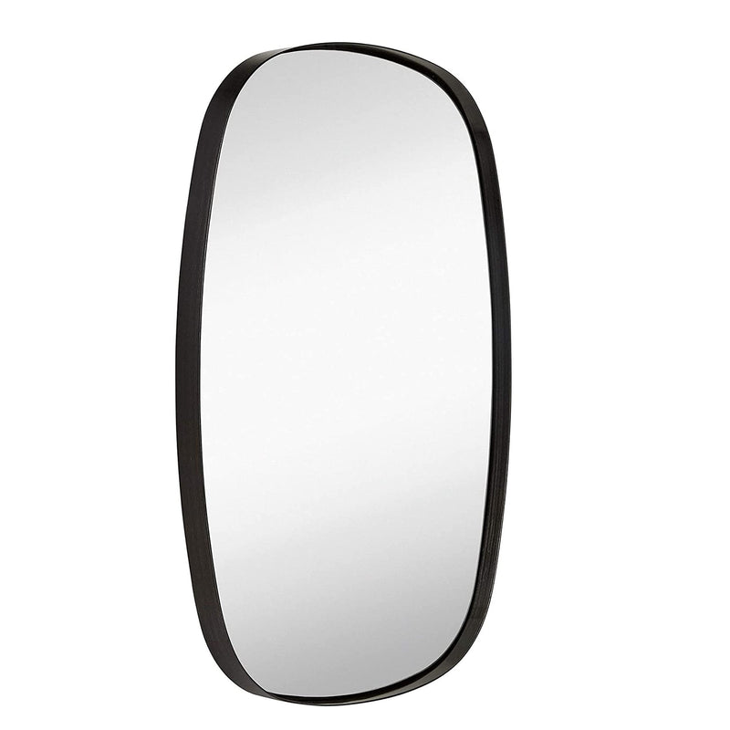 24" x 36" black oval mirror with a brushed metal frame and rounded corners