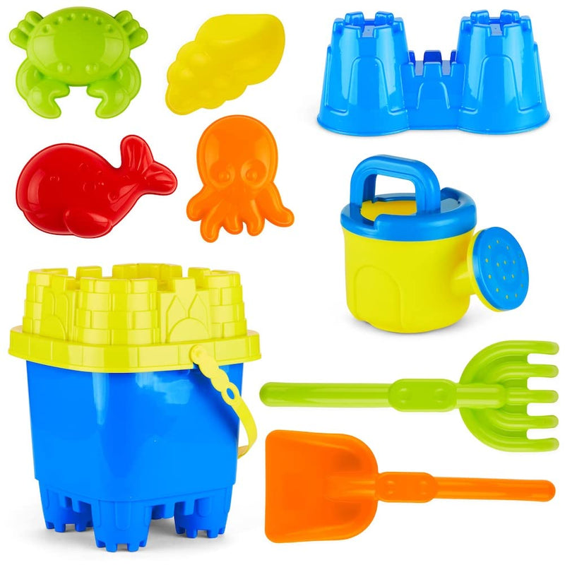 10 Piece Beach Sand Toy Set for Kids - Bucket with Strainer, Shovel, Rake,