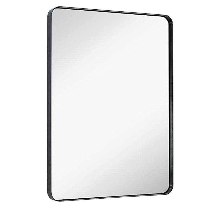 Contemporary brushed metal wall mirror with glass panel and black rounded frame