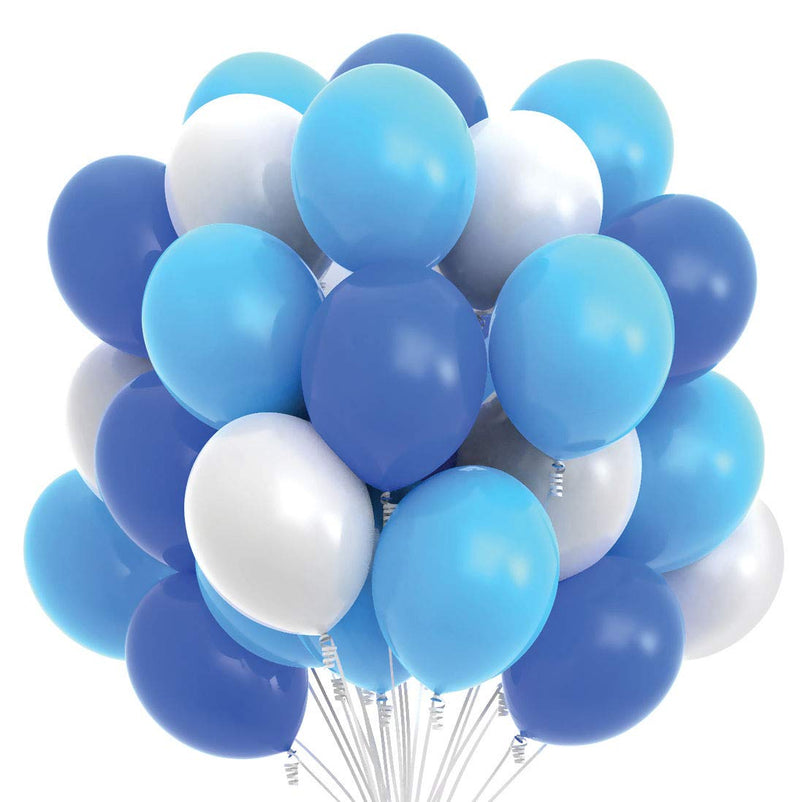 75 party balloons 12 inch dark blue, light blue and white balloons with ribbon