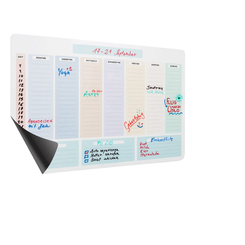 Magnetic weekly calendar including 7 magnets. Wipe-clean refrigerator calendar