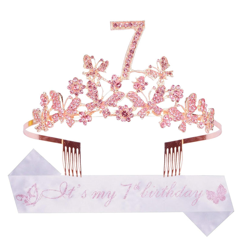 Girls 7th Birthday Sash and Tiara - Fabulous Glitter Sash + Butterflies