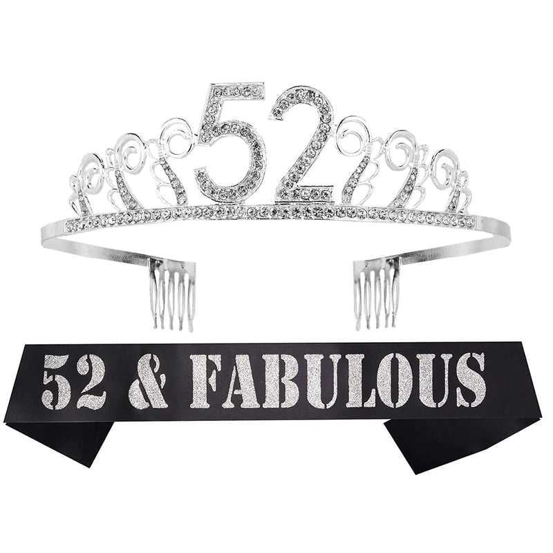 52nd Birthday Sash and Tiara for Women - Fabulous Glitter Sash + Waves