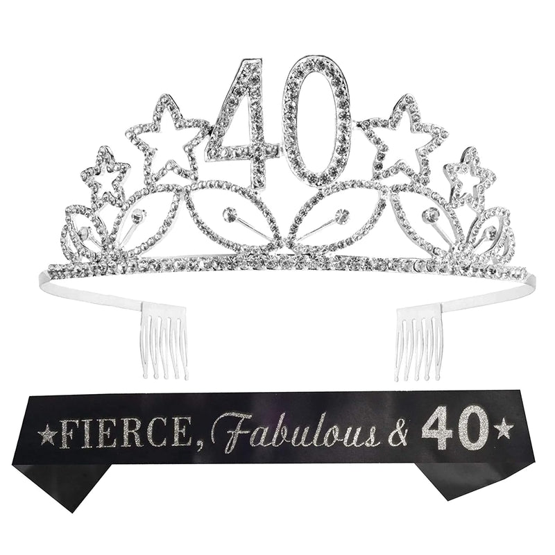 40th Birthday Sash and Tiara for Women - Fabulous Glitter Sash + Stars