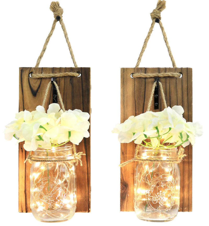 Rustic style mason jar wall light with artificial flowers and LED strips