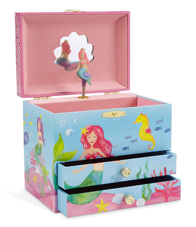 Mermaid music box jewelry box, underwater design with two pull-out drawers, over