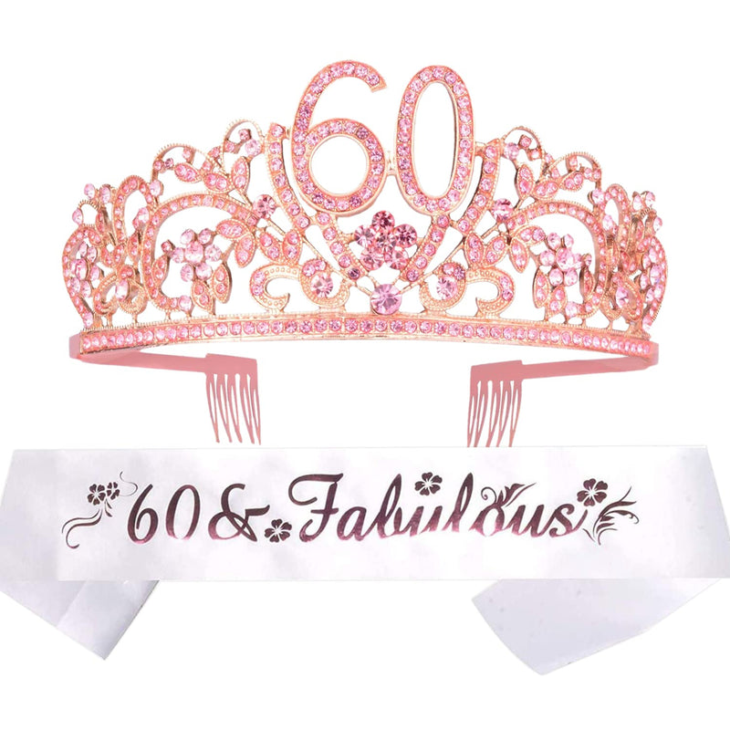 60th Birthday Sash and Tiara for Women - Fabulous Glitter Sash + Flowers