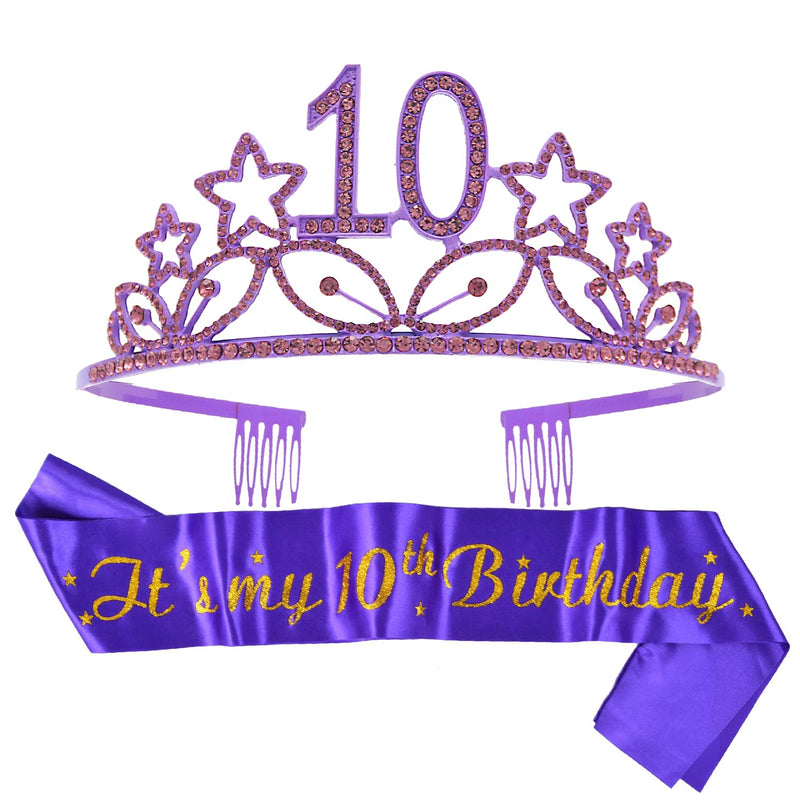 Girls 10th Birthday Sash and Tiara - Fabulous Glitter Sash + Stars