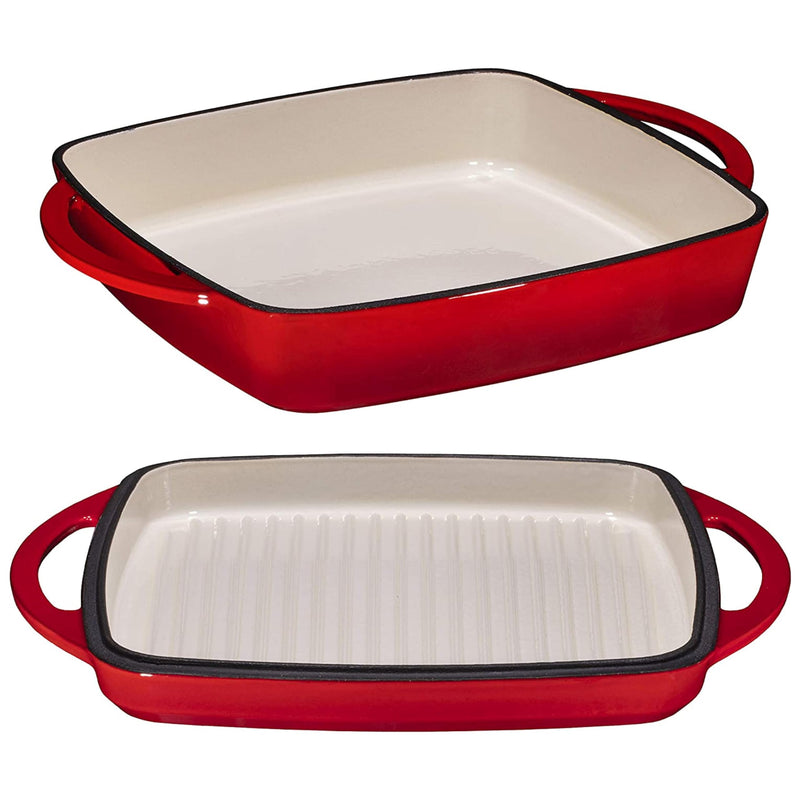 2-in-1 square enameled cast iron baking pan for dutch oven and grill lid with dual function