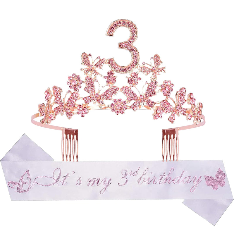 Girls 3rd Birthday Sash and Tiara - Fabulous Glitter Sash + Butterflies