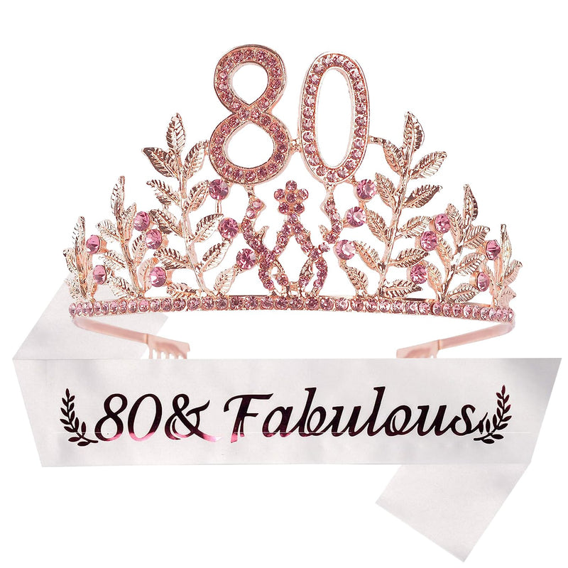 80th Birthday Sash and Tiara for Women - Fabulous Glitter Sash + Leaves