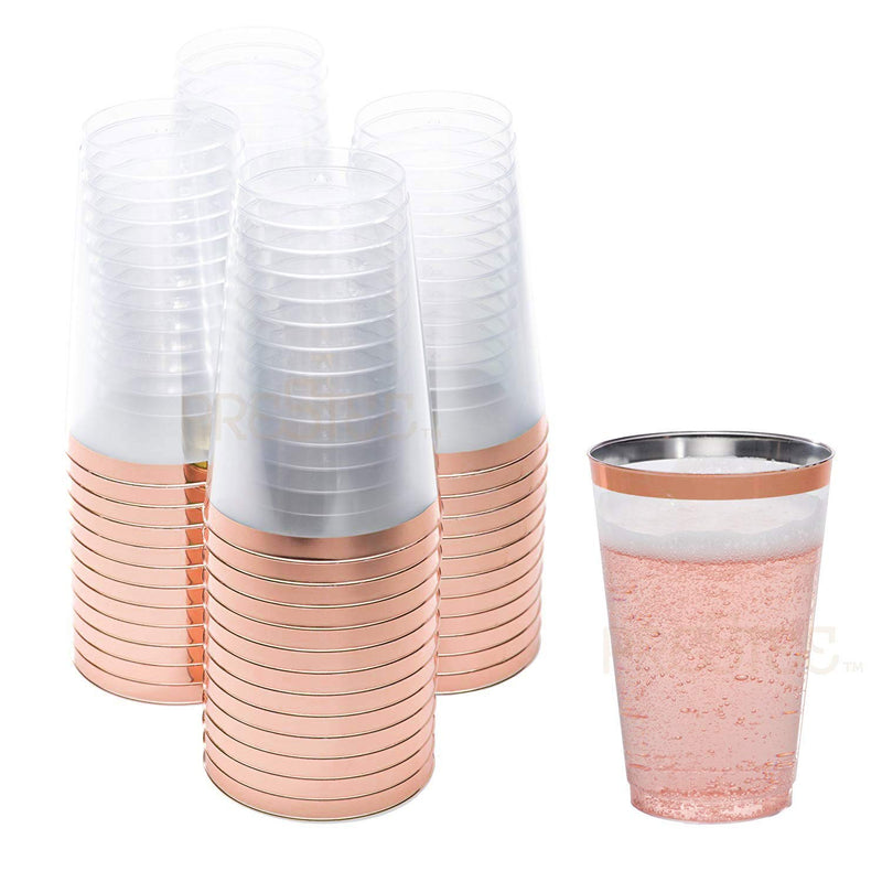 Plastic Cups with Rose Gold Rim, 14 Ounce, Pack of 50, Hard Clear Plastic Cups, Disposable