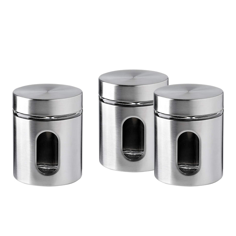 Brushed stainless steel and glass canister with viewing window for spices