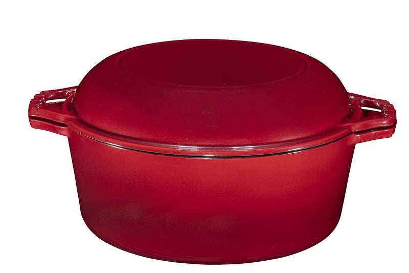 2-in-1, 5 Quart Enamel Cast Iron Dutch Oven with Handles, 5 Quart Red Cast Iron