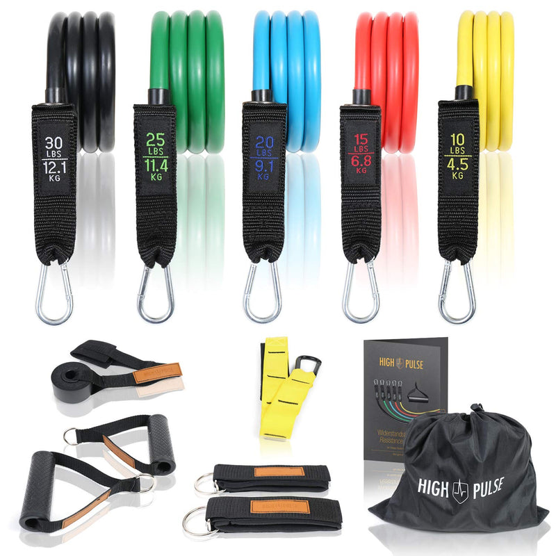 Resistance bands set with 5 strengths including foot loops, handles, door anchors