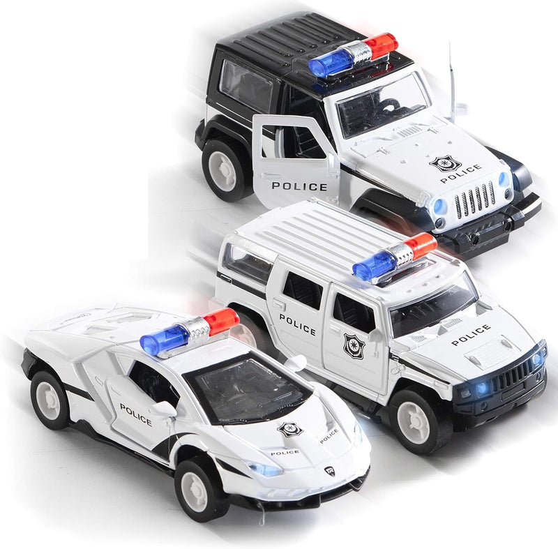 Die-cast metal police cars pull back battery powered with LED headlights