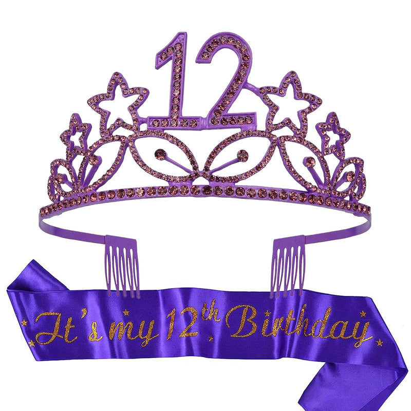 Girls 12th Birthday Sash and Tiara - Fabulous Glitter Sash + Stars