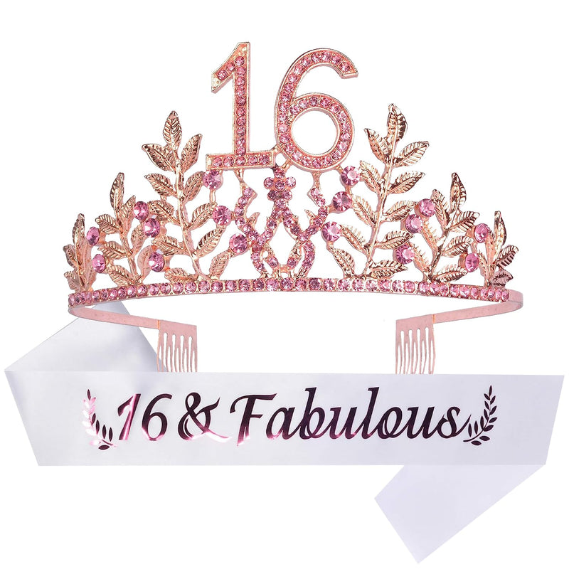 Girls 16th Birthday Sash and Tiara - Fabulous Set: Glitter Sash + Leaves