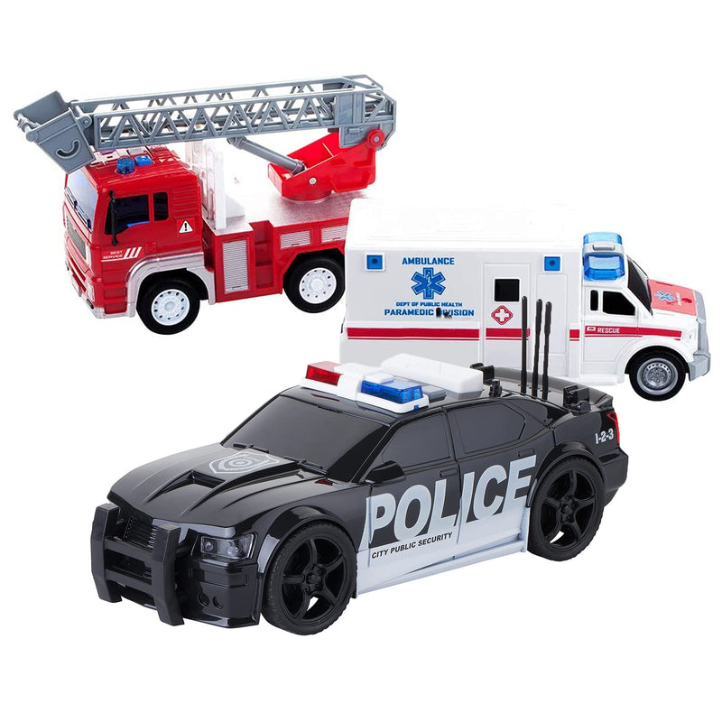 Friction-powered City Hero playset with fire truck, ambulance,