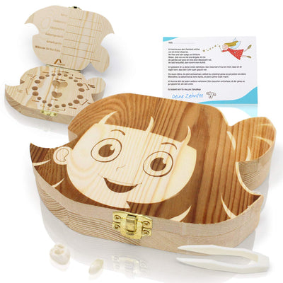 Milk tooth box including tweezers and tooth fairy letter. Cute wooden tooth box for use