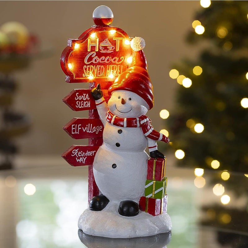 Christmas Snowman Decoration with Hot Cocoa Signpost, Resin Christmas Figurines