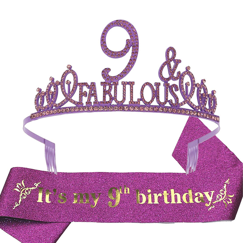 Girls 9th Birthday Sash and Tiara - Fabulous Glitter Sash + Fabulous