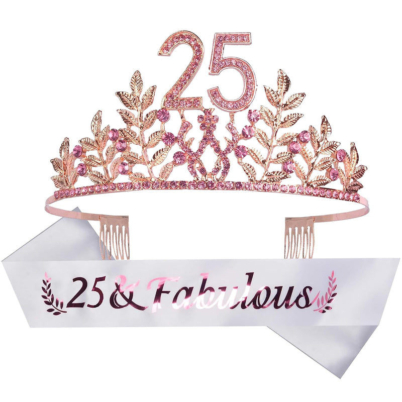 25th Birthday Sash and Tiara for Women - Fabulous Set: Glitter Sash + Leaves