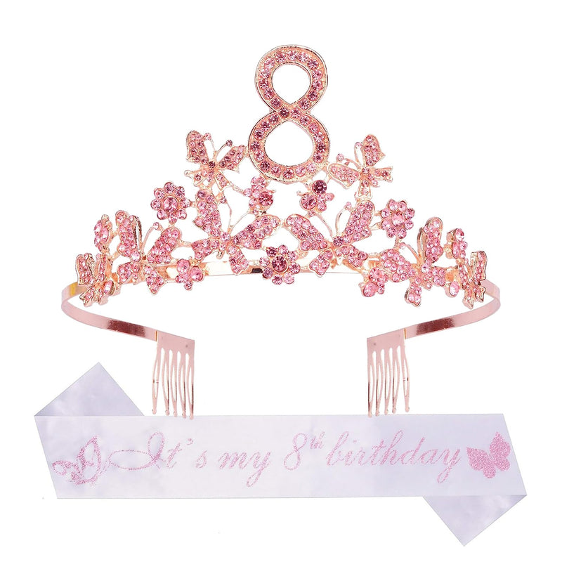 Girls 8th Birthday Sash and Tiara - Fabulous Glitter Sash + Butterflies