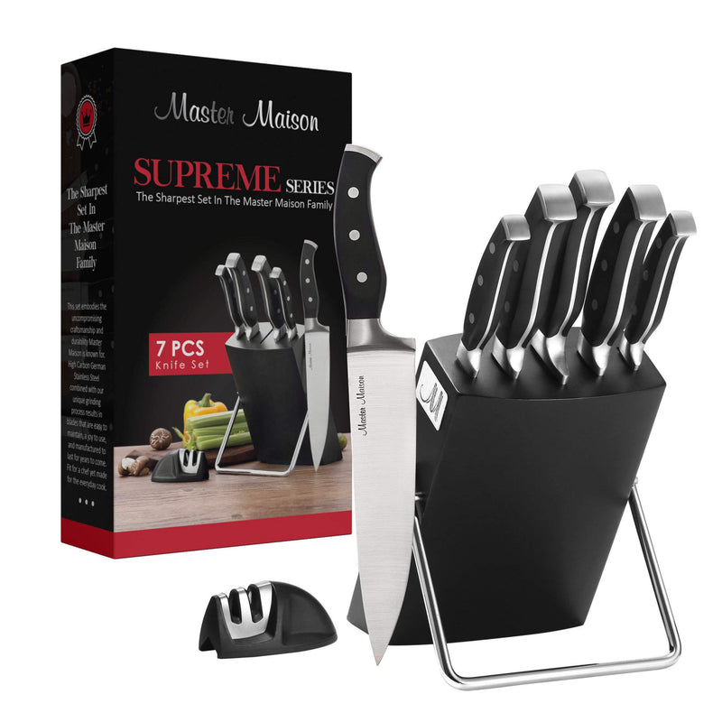 7-piece black kitchen knife set with knife block and double knife