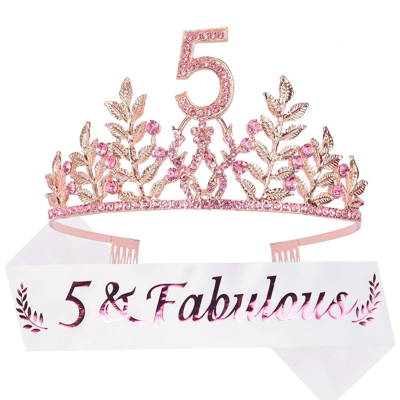 Girls 5th Birthday Sash and Tiara - Fabulous Glitter Sash + Leaf Rhinestones