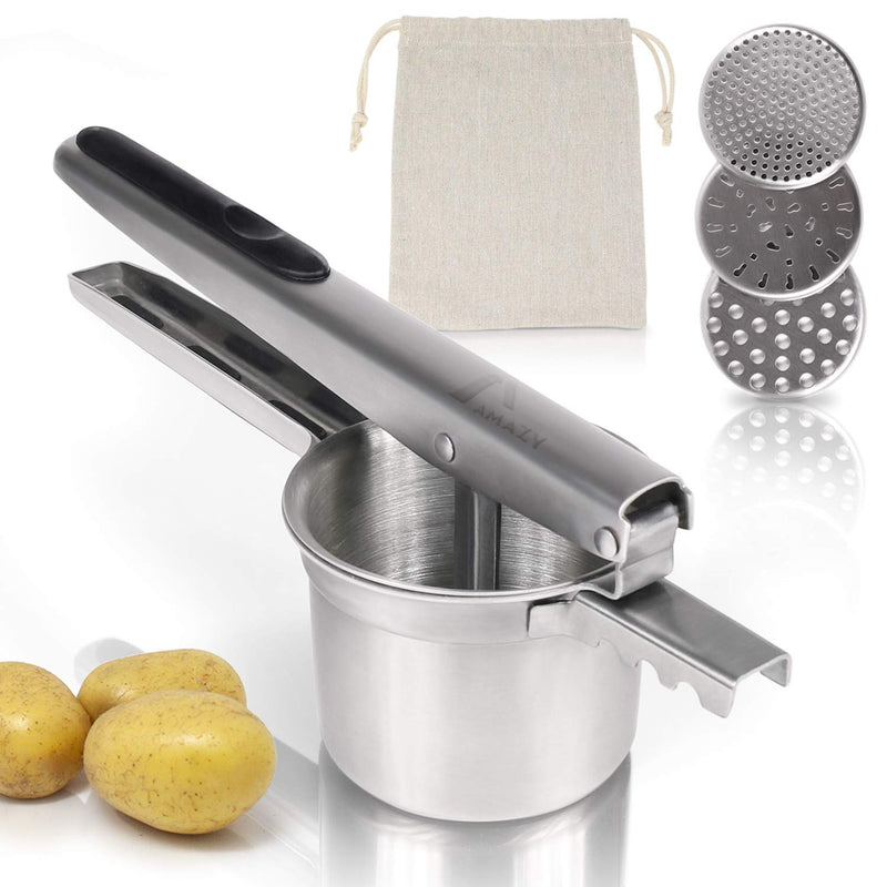 Potato press including 3 sieve inserts and potato bag. Dishwasher-safe press