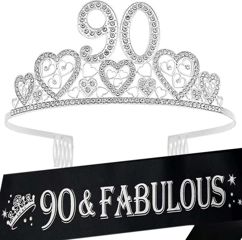 90th Birthday Sash and Tiara for Women - Fabulous Glitter Sash + Hearts