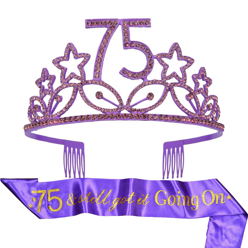 75th Birthday Sash and Tiara for Women - Fabulous Glitter Sash + Stars