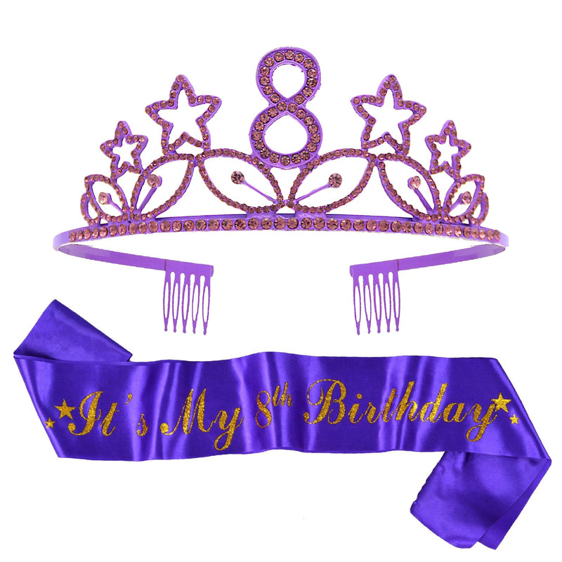 Girls 8th Birthday Sash and Tiara - Fabulous Glitter Sash + Stars