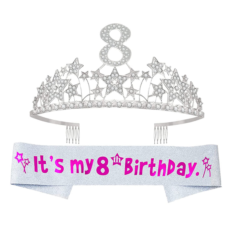 Girls 8th Birthday Sash and Tiara - Fabulous Glitter Sash + Starry Sky