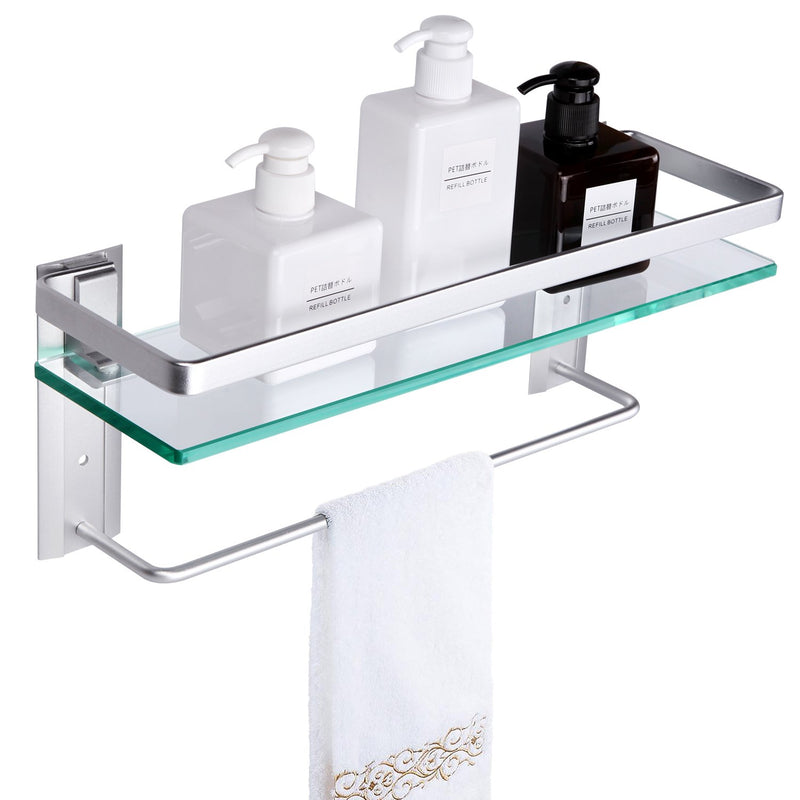 Glass Bathroom Shelf with Towel Rack, Rectangular Bathroom Wall Mounted