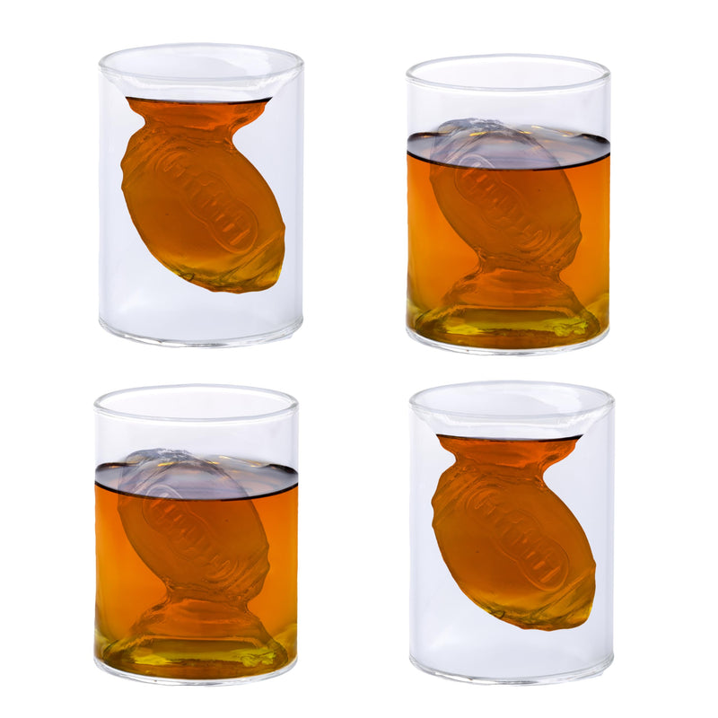 Shot glass set with 4 reversible football glasses for whiskey and shots