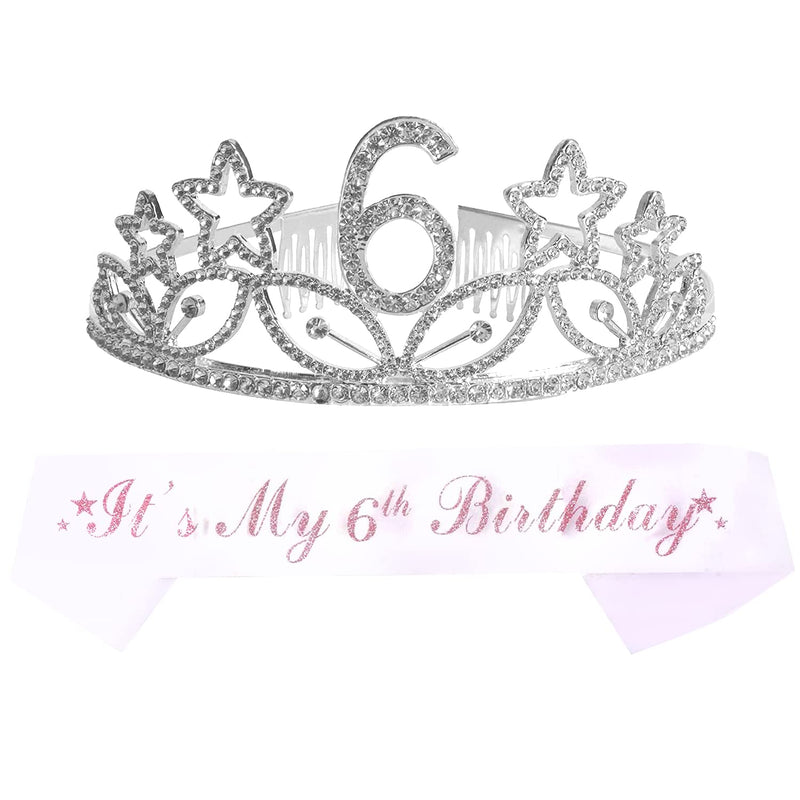 Girls 6th Birthday Sash and Tiara - Fabulous Glitter Sash + Star Rhinestones