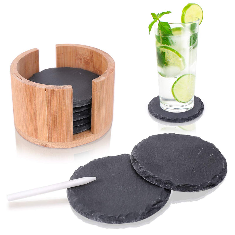 Slate coaster set (8 pieces) including chalk pen. Decorative glass coasters