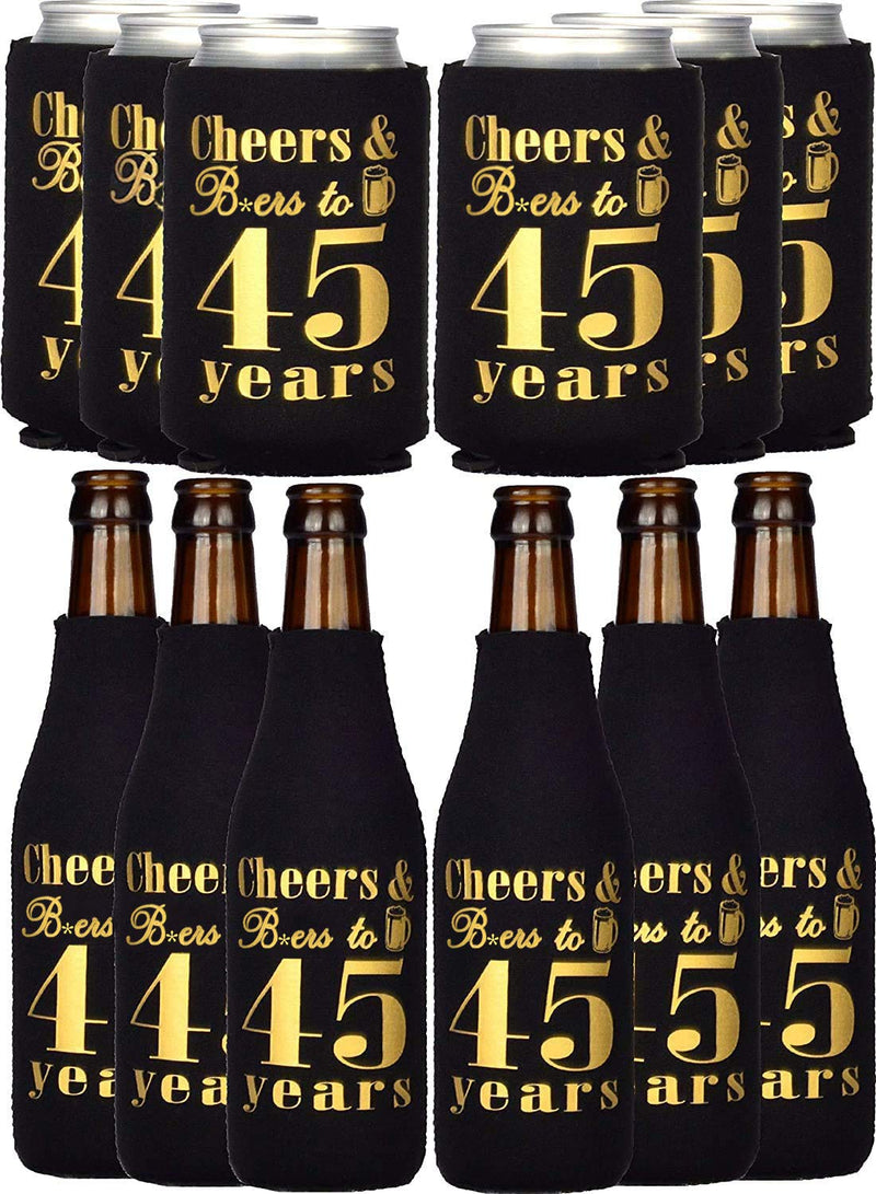 45th Birthday Can Cooler Set - 12 black and gold "Cheers to 45 Years" bottles