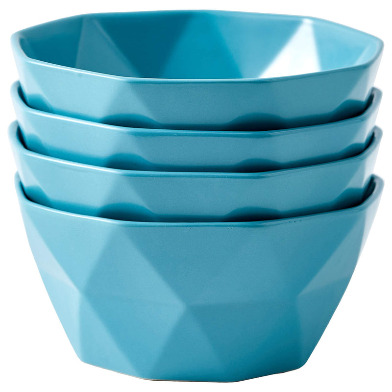 30 Ounce Geometric Ceramic Soup Bowls, Set of 4, 30 Ounce Medium Turquoise Ceramic