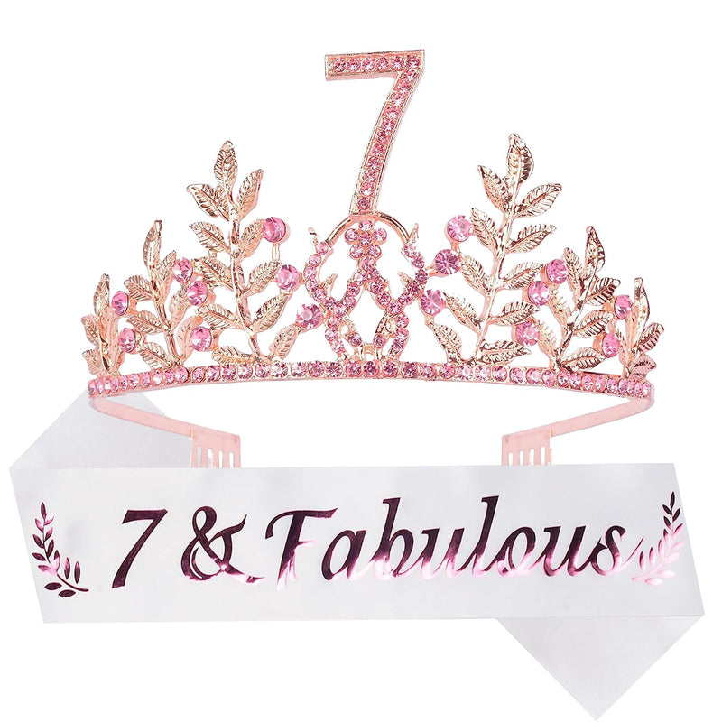 Girls 7th Birthday Sash and Tiara - Fabulous Glitter Sash + Leaf Rhinestones